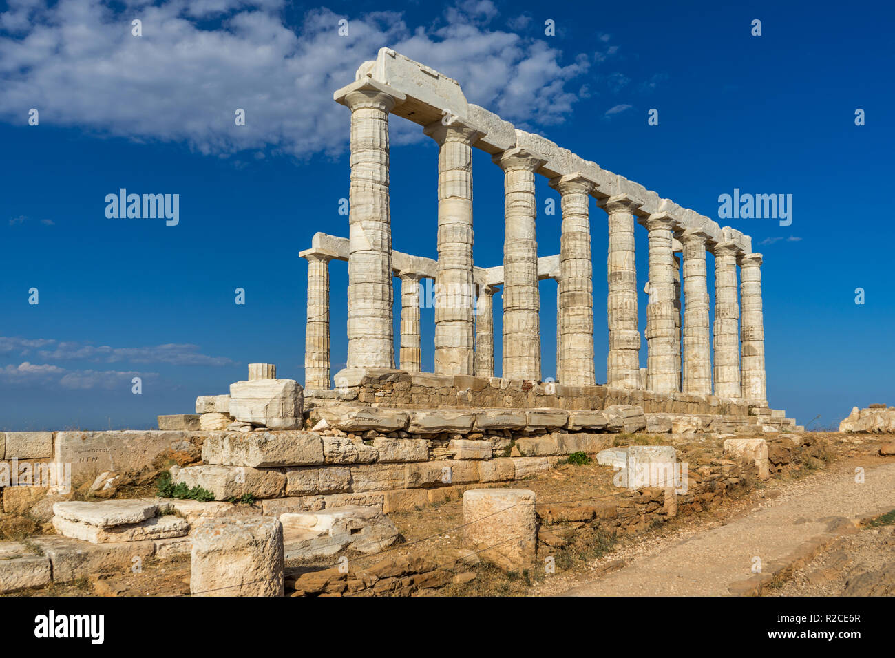 The ancient temple of Poseidon (Neptune) at cape Sounion in Attika, Greece. Stock Photo
