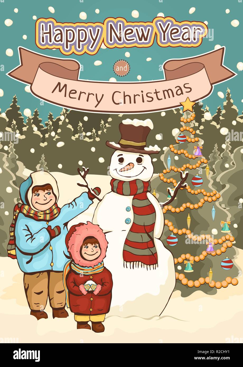Merry Christmas and Happy New Year card, poster, cartoon colorful drawing,  vector illustration, holiday background. Cute boy, girl and snowman with de  Stock Vector Image & Art - Alamy