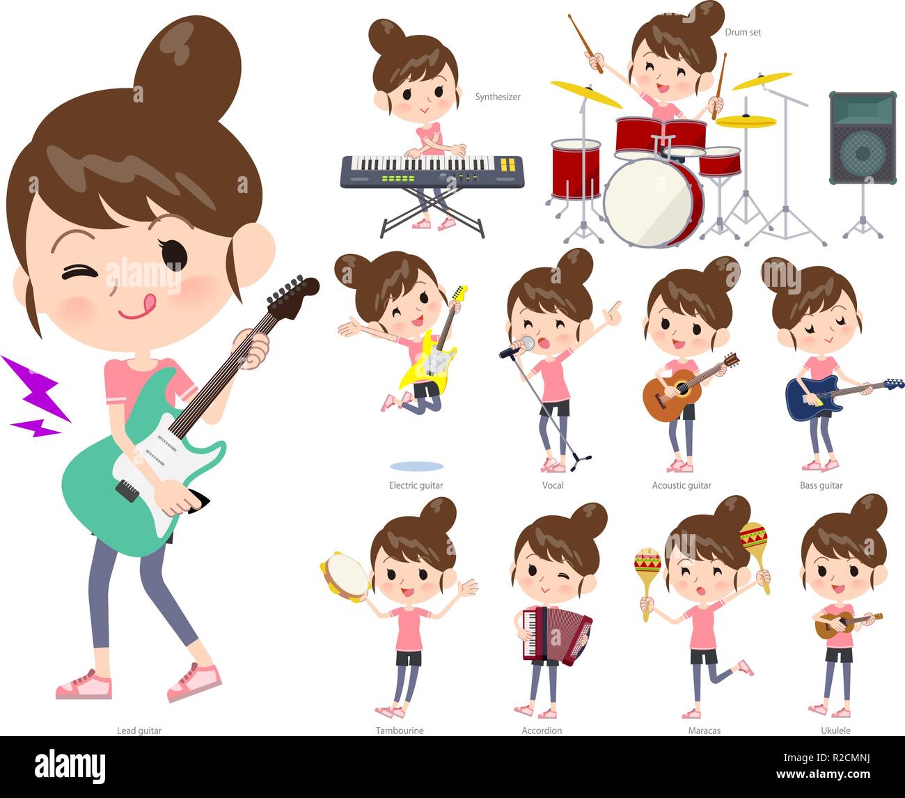 A set of women in sportswear playing rock 'n' roll and pop music.There are also various instruments such as ukulele and tambourine.It's vector art so  Stock Vector