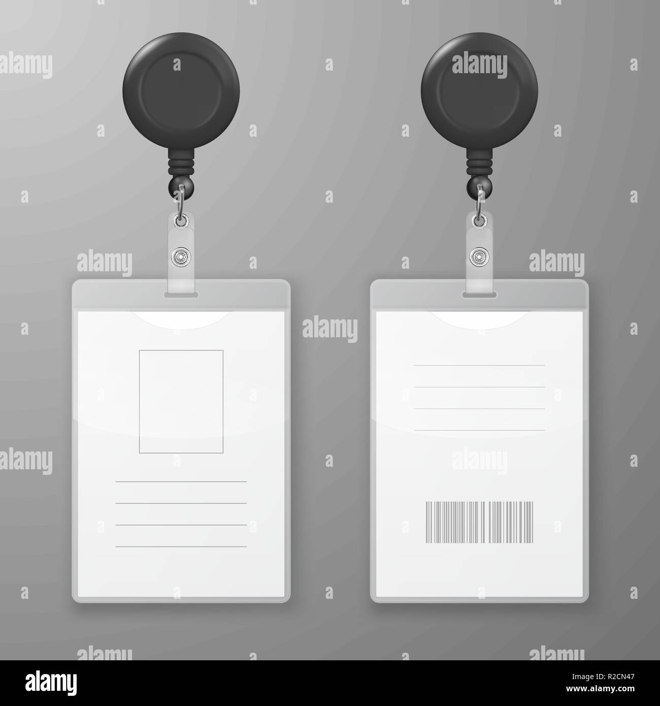 Vector Realistic Blank Office Graphic Id Cards with Round Clasp Reel Holder Clip Closeup Isolated. Front, Back Side. Design Template of Identification Card for Mockup. Identity Card Mock-up. Top View Stock Vector