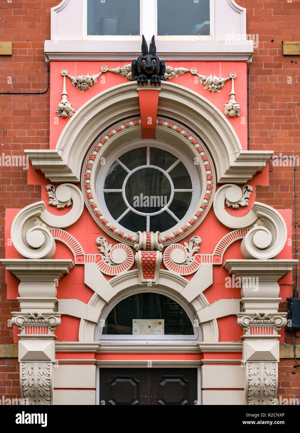 Ornate doorway Collingwood House with vampire rabbit and fanlight, Amen Corner, St Nicholas church yard buildings, Newcastle Upon Tyne, England, UK Stock Photo