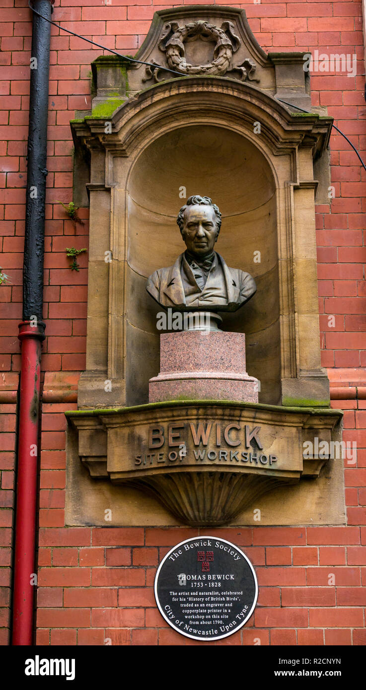 Victorian monument bust of Thomas Bewick, naturalist and artist, Amen Corner, St Nicholas churchyard, Newcastle Upon Tyne, England, UK Stock Photo