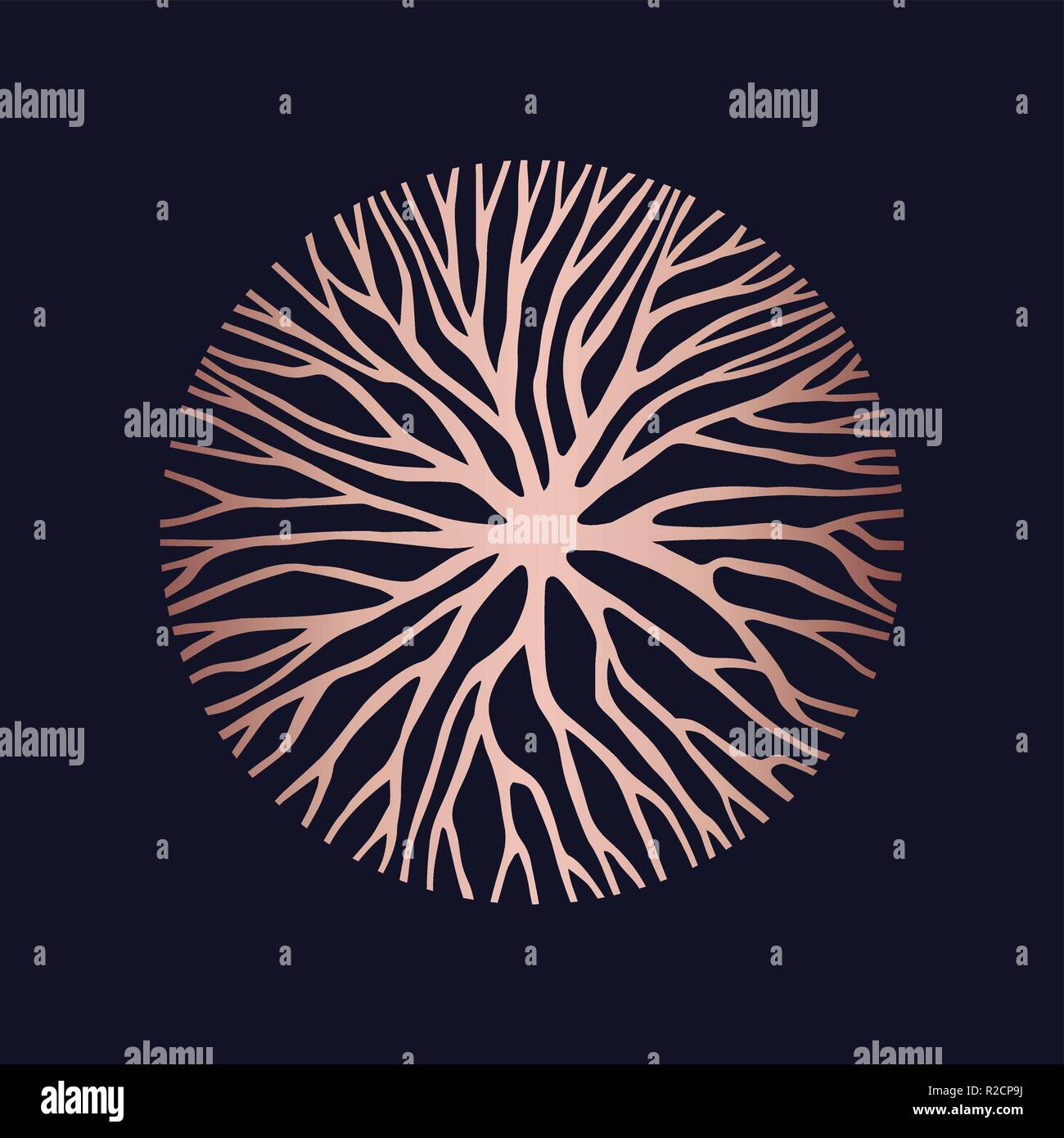 Abstract copper circle shape illustration of tree branches or roots for concept design, creative nature art. Stock Vector