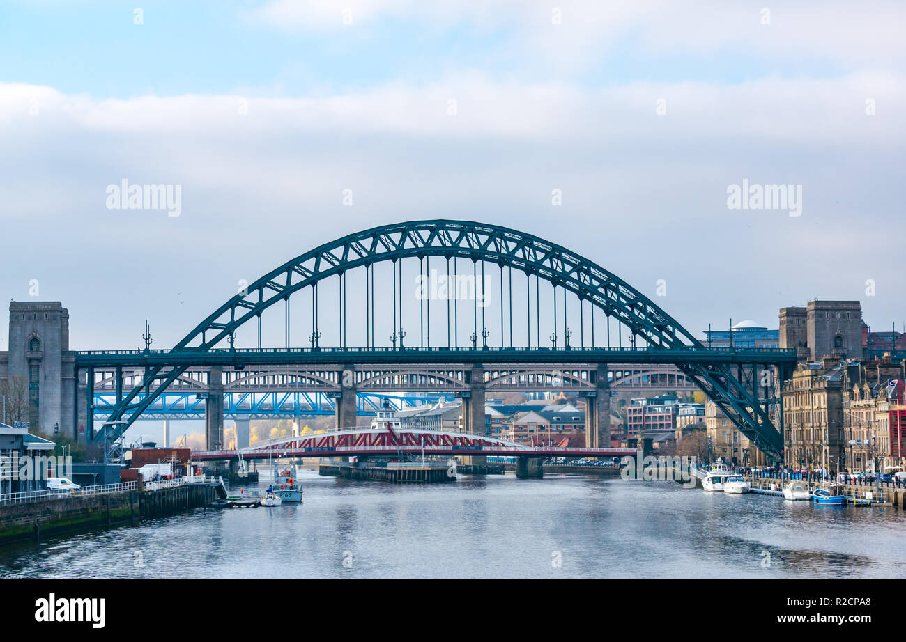 Bridges over River Tyne, swing bridge, Tyne Bridge and High Level bridge, Newcastle Upon Tyne, England, UK Stock Photo
