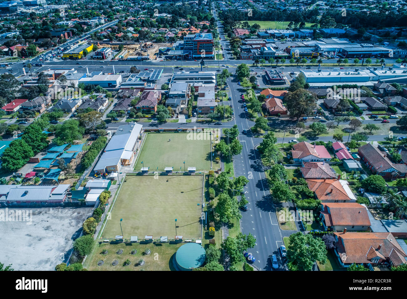Aerial view of bowling club and surrounding residential area in Oakleigh, Melbourne, Australia Stock Photo