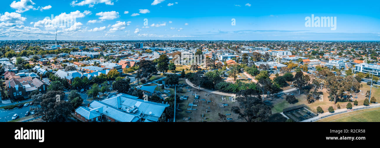 Aerial panorama of Melbourne suburbs on bright summer day Stock Photo