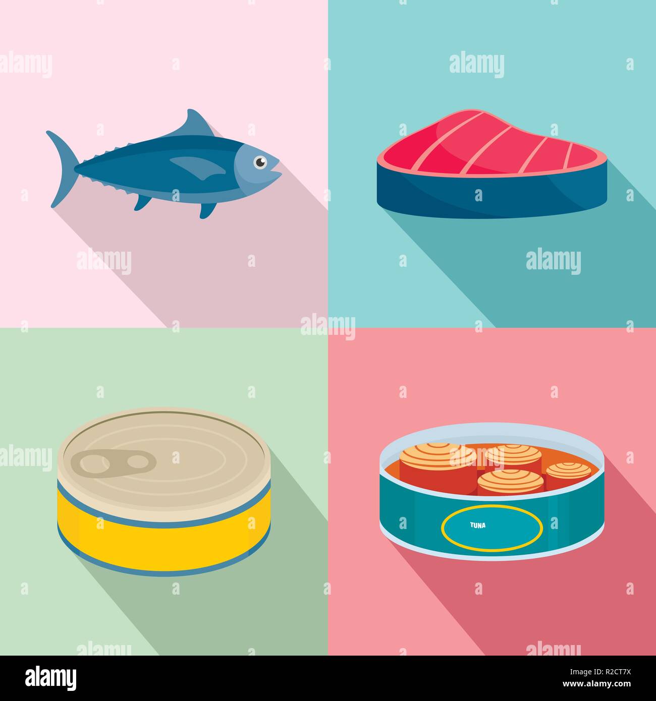 Tuna fish can steak icons set. Flat illustration of 4 tuna fish can