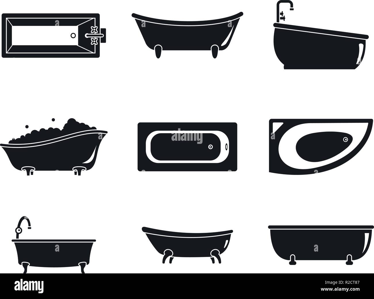 Bathtub interior icons set. Simple illustration of 9 bathtub interior ...