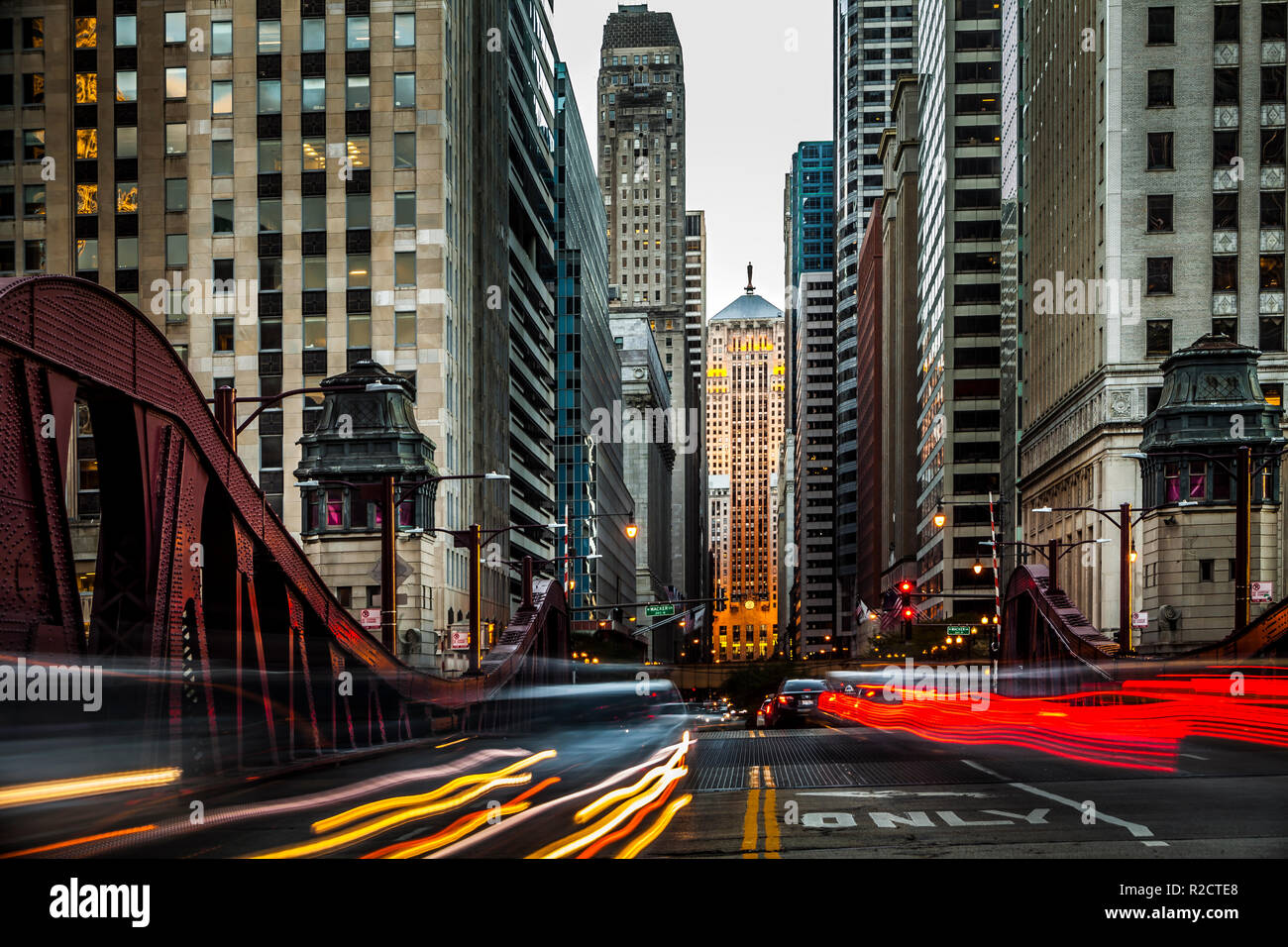 Long exposure in downtown Chicago with Chicago's Board of Trade building in the background Stock Photo