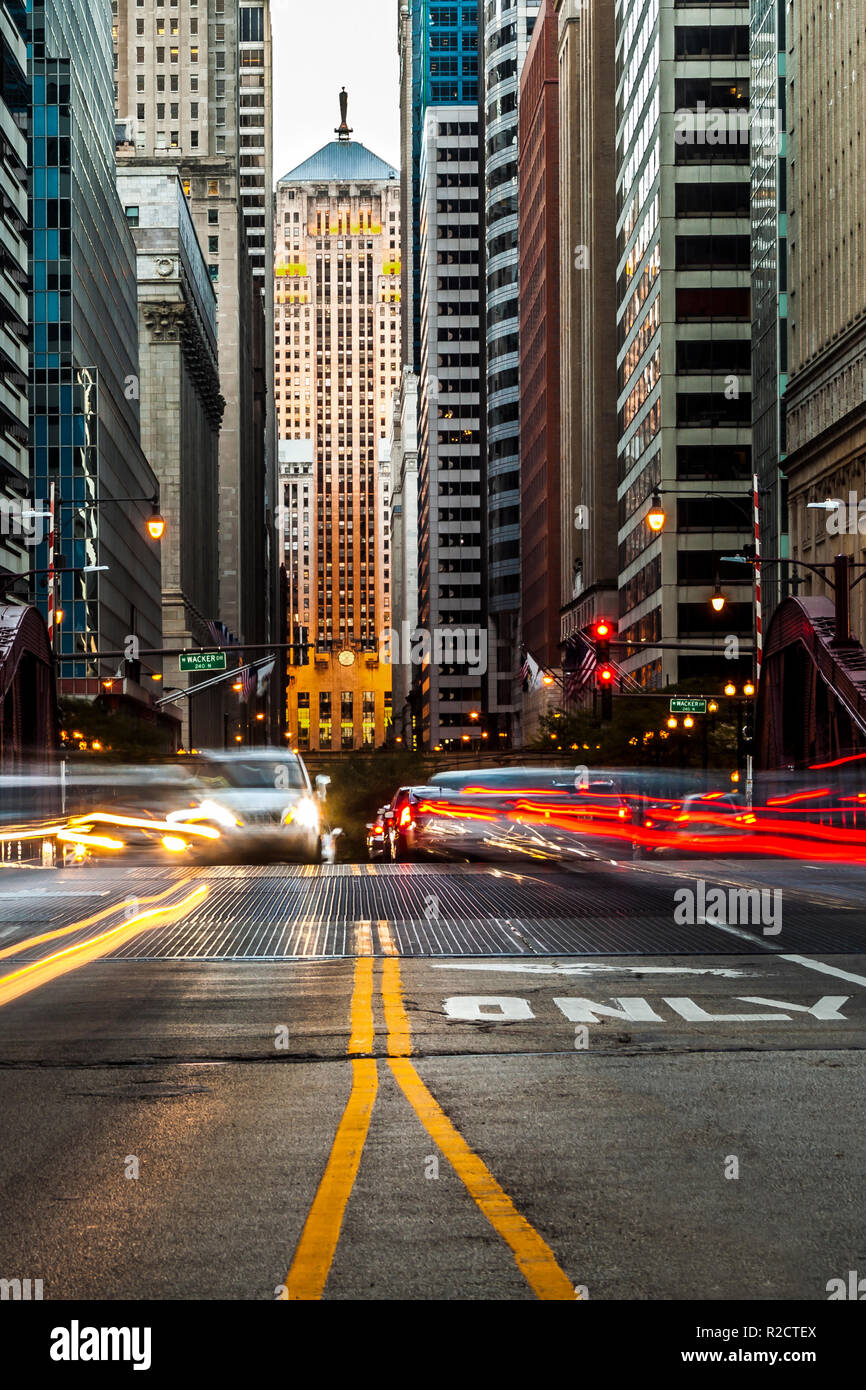Long exposure in downtown Chicago with Chicago's Board of Trade building in the background Stock Photo