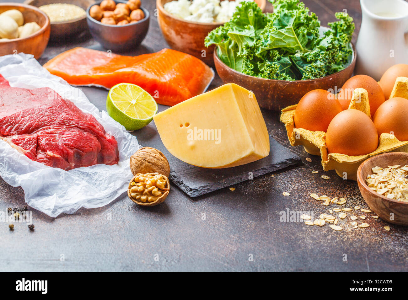 Balanced diet food background. Protein foods fish, meat, eggs, cheese