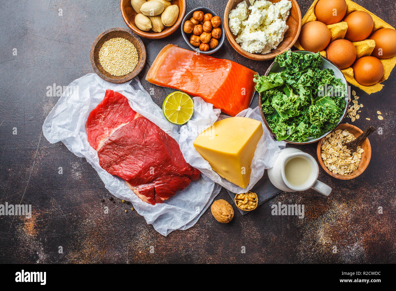 Balanced diet food background. Protein foods fish, meat, eggs, cheese