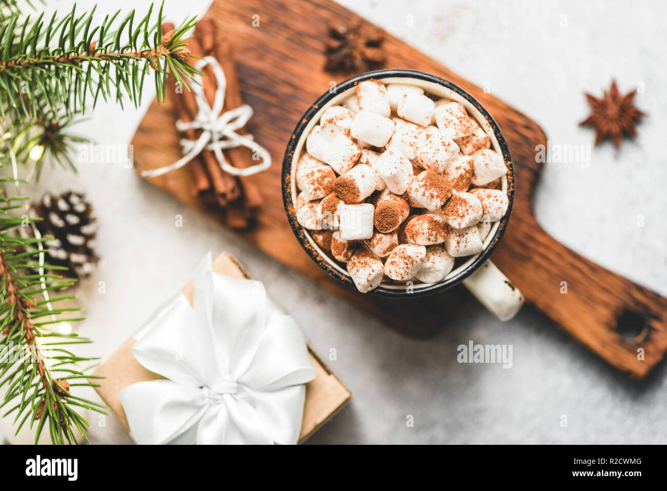 Hot Chocolate With Marshmallows And Cinnamon In Mug Top View