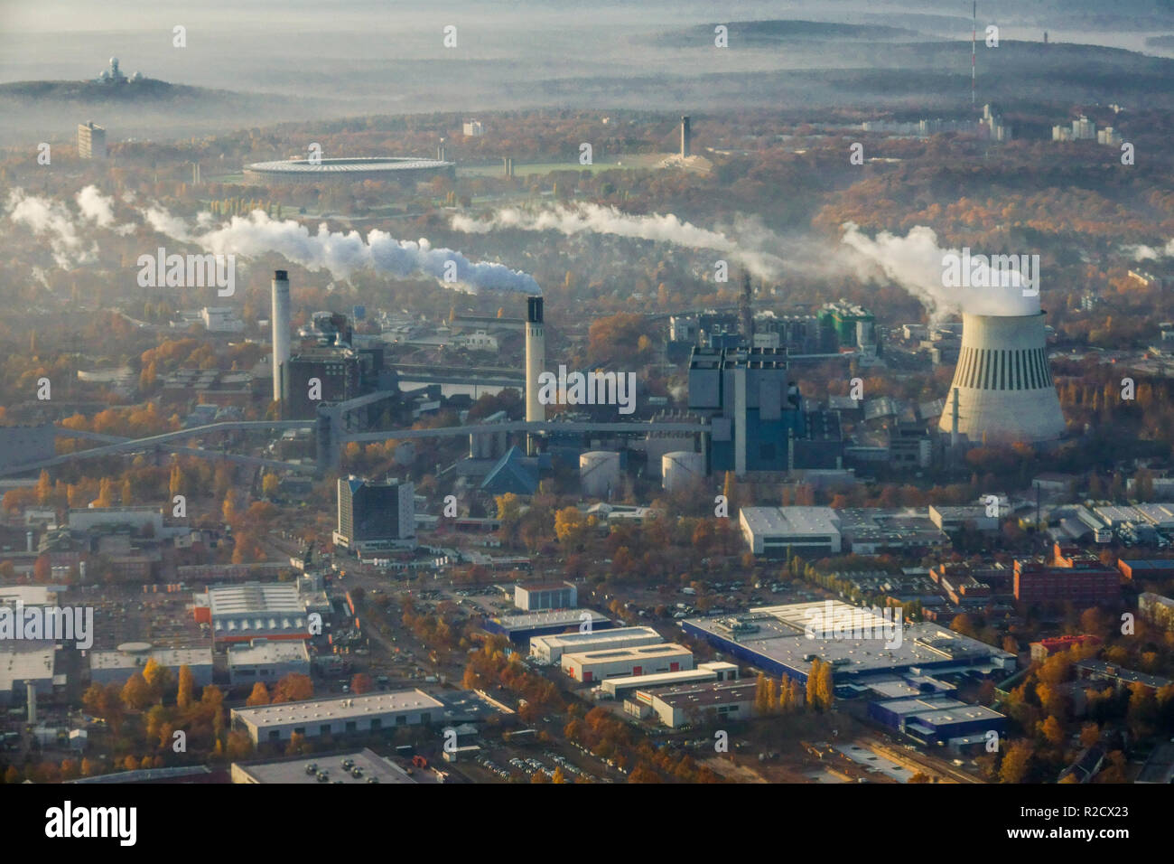 Berlin, Kraftwerk Reuter West, Teufelsberg hill, aerial view Stock Photo