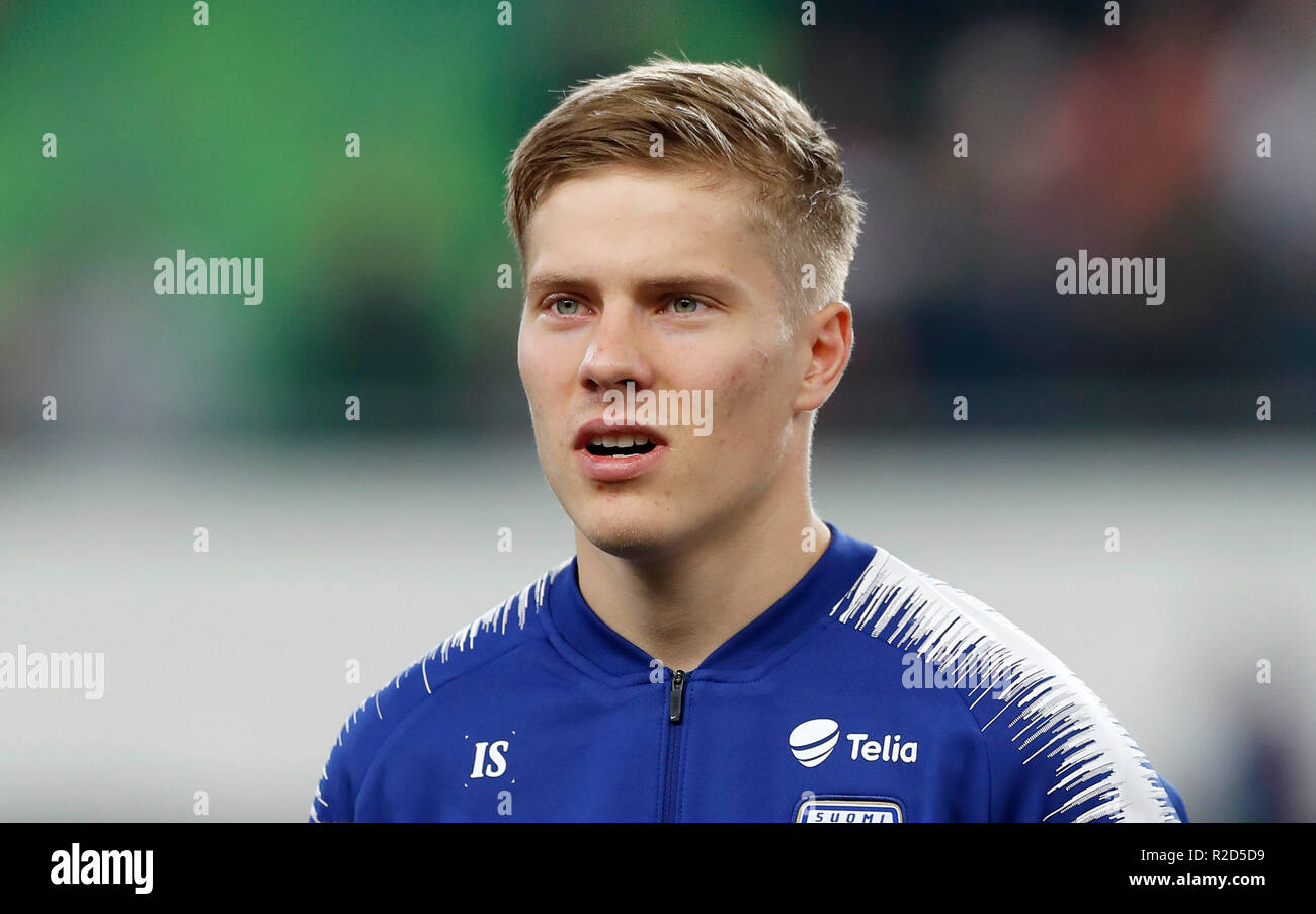BUDAPEST, HUNGARY - NOVEMBER 18: Jere Uronen of Finland listens to the anthem prior to the UEFA Nations League group stage match between Hungary and Finland at Groupama Arena on November 18, 2018 in Budapest, Hungary. Stock Photo