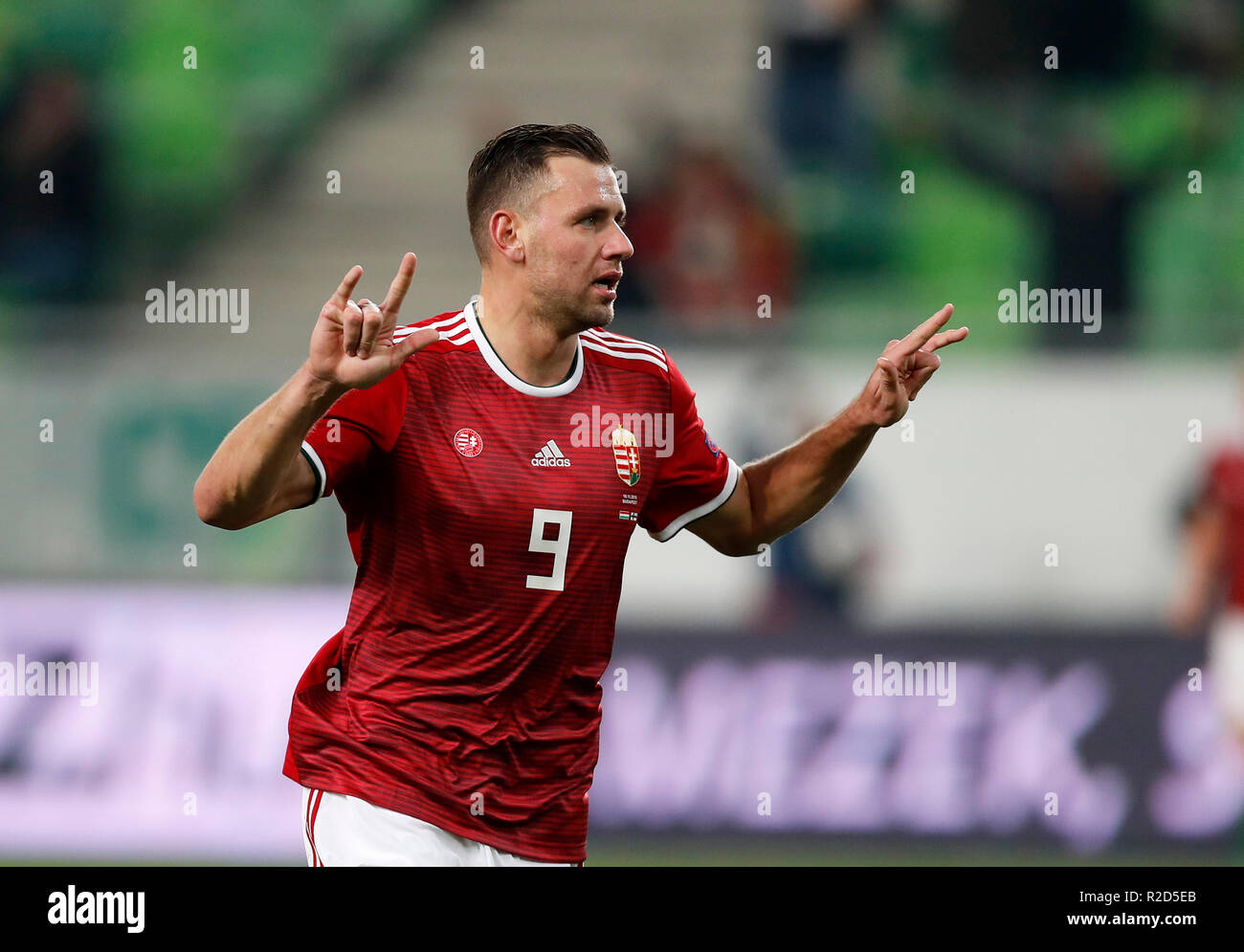 BUDAPEST, HUNGARY - NOVEMBER 18: Adam Szalai of Hungary celebrates his goal during the UEFA Nations League group stage match between Hungary and Finland at Groupama Arena on November 18, 2018 in Budapest, Hungary. Stock Photo