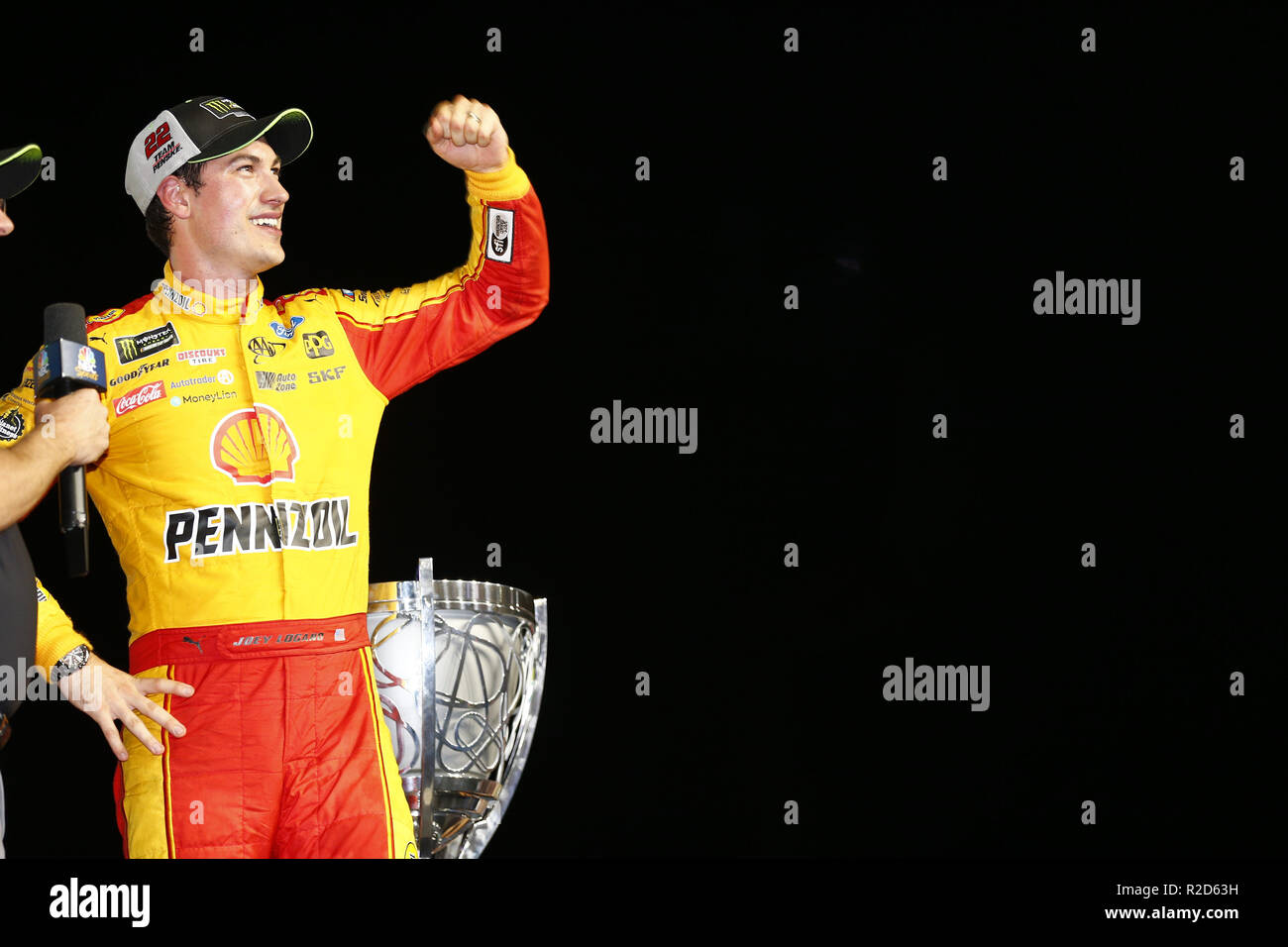 Homestead, Florida, USA. 18th Nov, 2018. Joey Logano (22) celebrates