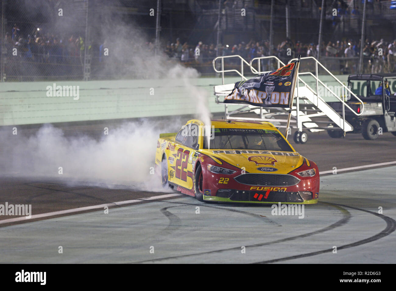 Homestead Florida Usa 18th Nov 2018 Joey Logano 22 Celebrates After Winning The Monster Energy Nascar