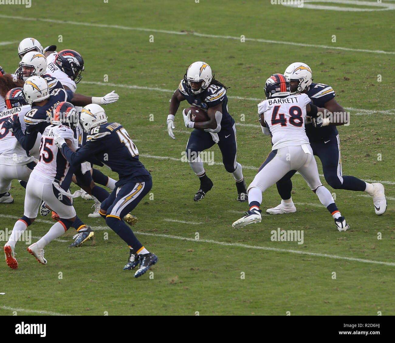 Carson, CA. 18th Nov, 2018. Los Angeles Chargers running back Melvin Gordon  #28 making a cut in front of Denver Broncos inside linebacker Josey Jewell  #47 during the NFL Denver Broncos vs