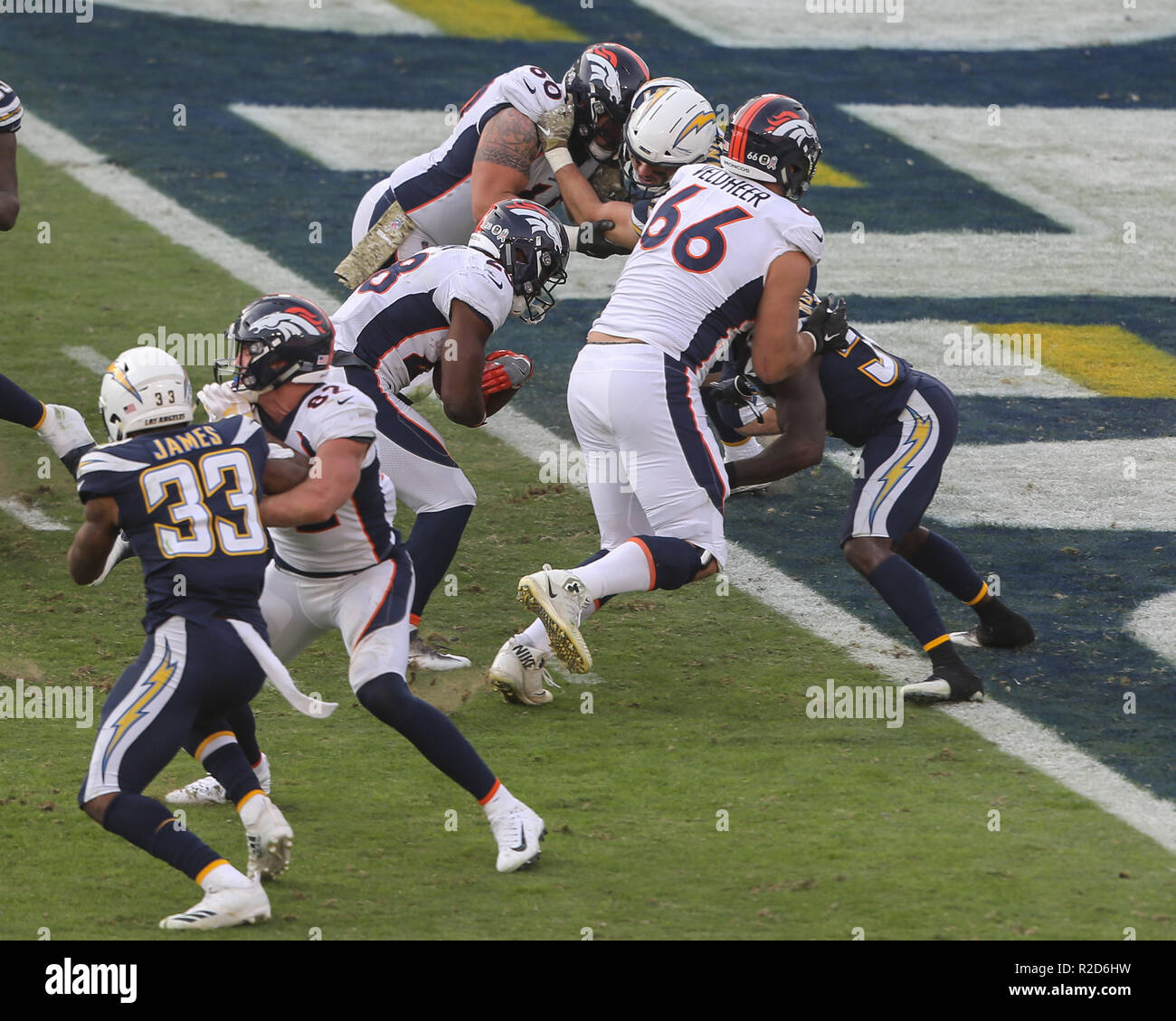 Carson, CA. 18th Nov, 2018. Los Angeles Chargers running back Melvin Gordon  #28 making a cut in front of Denver Broncos inside linebacker Josey Jewell  #47 during the NFL Denver Broncos vs