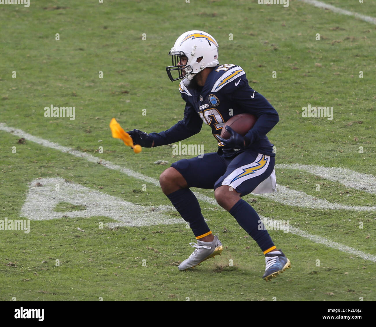 Carson, CA. 18th Nov, 2018. Los Angeles Chargers wide receiver Keenan Allen #13 making a catch with offensive pass interference penalty flag coming at him during the NFL Denver Broncos vs Los Angeles Chargers at the Stubhub Center in Carson, Ca on November 18, 2018 (Photo by Jevone Moore) Credit: csm/Alamy Live News Stock Photo