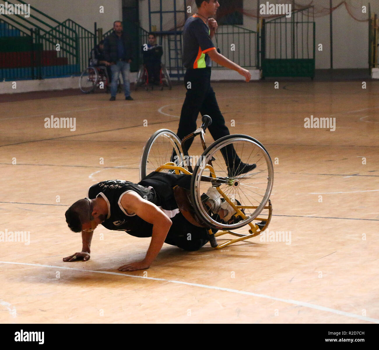 Peace Club player seen in action during the finals of the wheelchairs basketball championship at the Saad Sayel Hall in Gaza City. Stock Photo