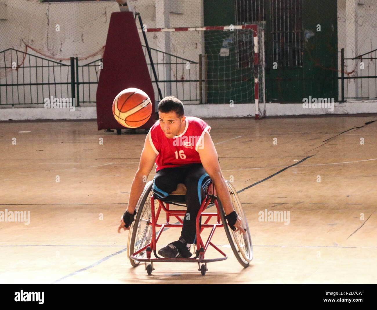 Al Hilal Sports Team player seen in action during the finals of the wheelchair basketball championship at the Saad Sayel Hall in Gaza City. Stock Photo