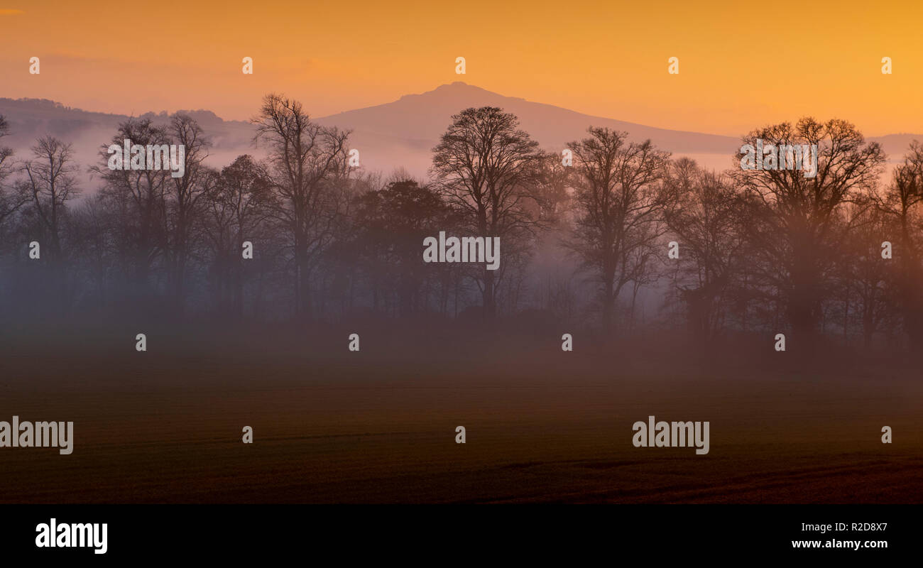 Jedburgh, UK. 18th Nov, 2018. Sunday 18th November 2018. Ancrum, near Jedburgh, Scottish Borders, Scotland, UK. SCOTLAMD UK WEATHER NEWS As the recent spell of warm weather is expected to end as cold air pushes in from western Europe, mist gathers on fields and trees near Jedburgh in the Scottish Borders as the sun sets on a glorious autumn day across the UK. Photography by Credit: phil wilkinson/Alamy Live News Stock Photo