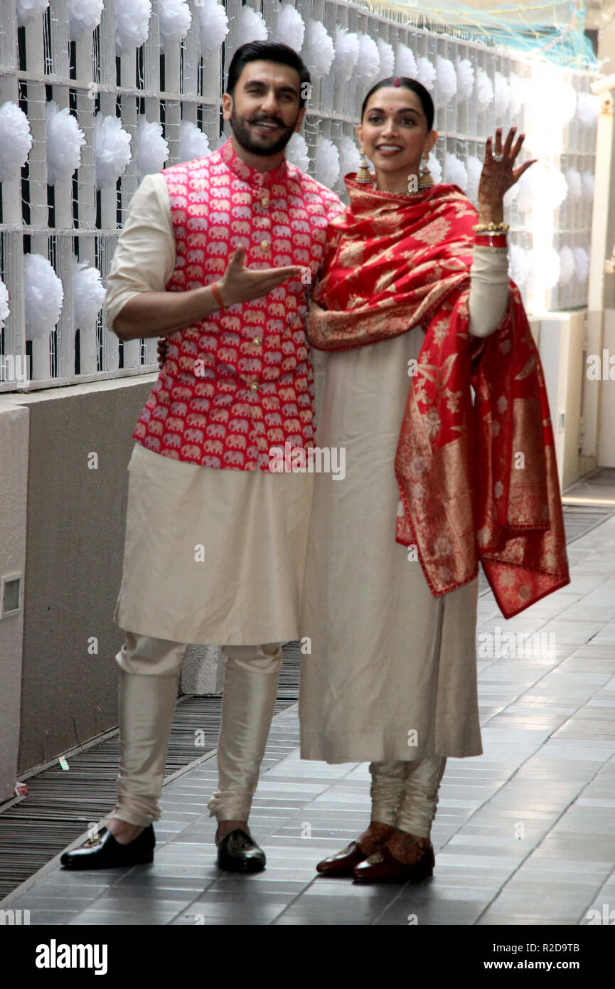 Actor Ranveer Singh with Deepika Padukone seen outside their residence in Mumbai. Deepika Padukone and Ranveer Singh are finally back in Mumbai after their Italy wedding. Stock Photo