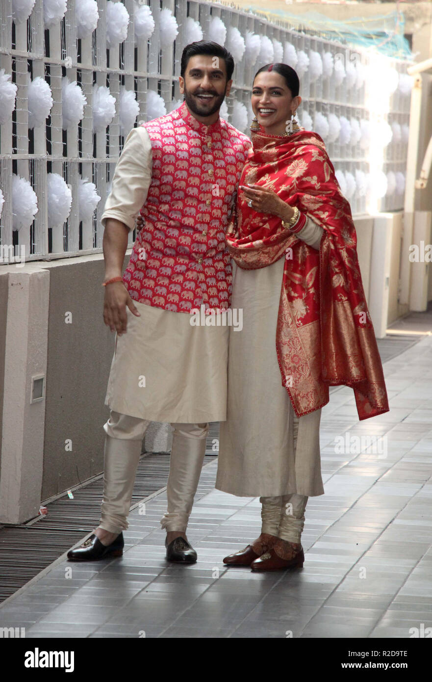 Actor Ranveer Singh with Deepika Padukone seen outside their residence in Mumbai. Deepika Padukone and Ranveer Singh are finally back in Mumbai after their Italy wedding. Stock Photo