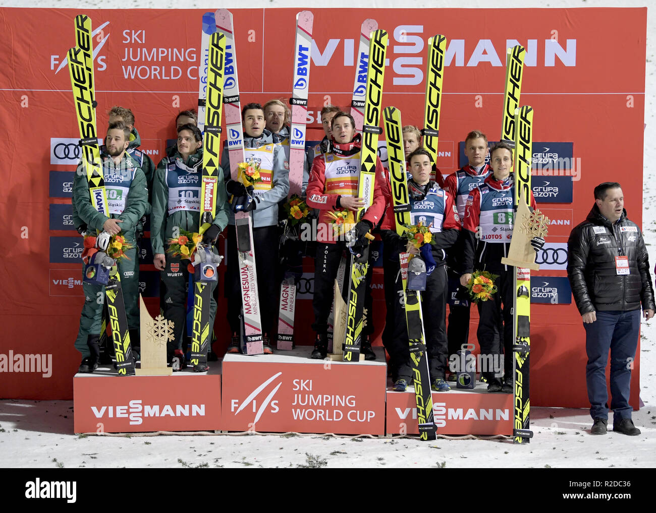 Poland wins the first team competition of the season in ski jumping on November 17, 2018 in Wisla, Poland. Stock Photo