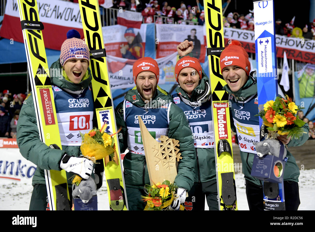 Karl Geiger , Markus Eisenbichler , Stephan Leyhe, Richard Freitag  Poland wins the first team competition of the season in ski jumping on November 17, 2018 in Wisla, Poland. Stock Photo