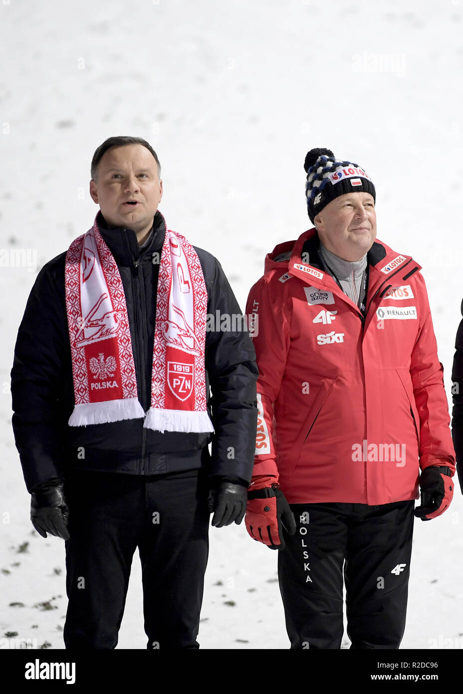 president Andrzej Duda, Apoloniusz Tajner  Poland wins the first team competition of the season in ski jumping on November 17, 2018 in Wisla, Poland. Stock Photo