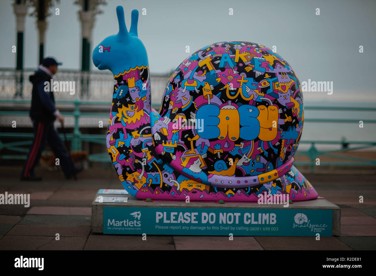 November 15, 2018 - Brighton and Hove are currently full of giant snails as part of a fundraising art trail to raise funds forthe Martlets Hospice. Fifty giant snail have been on display around Brighton and Hove September 15 until 18 November, with each giant snail sponsored by a local business and decorated by an artist as part of a city campaign to raise essential funds to support the Martlets Hospice. The trail, known as the Snailway, stretches between Brighton Marina and Hove Lagoon and up to Preston Park. A farewell Event will then bring them together and auction them to raise money for t Stock Photo