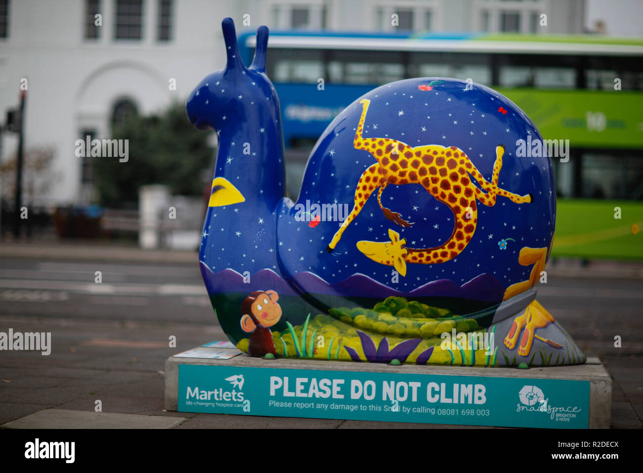 November 15, 2018 - Brighton and Hove are currently full of giant snails as part of a fundraising art trail to raise funds forthe Martlets Hospice. Fifty giant snail have been on display around Brighton and Hove September 15 until 18 November, with each giant snail sponsored by a local business and decorated by an artist as part of a city campaign to raise essential funds to support the Martlets Hospice. The trail, known as the Snailway, stretches between Brighton Marina and Hove Lagoon and up to Preston Park. A farewell Event will then bring them together and auction them to raise money for t Stock Photo