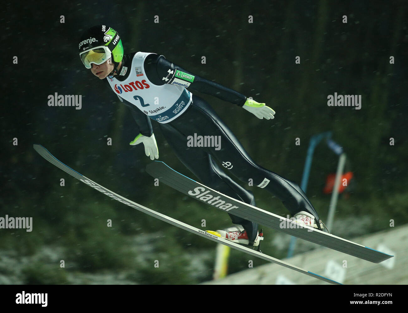 Anze Lanisek seen in action during the individual competition of the FIS Ski Jumping World Cup in Wisla. Stock Photo