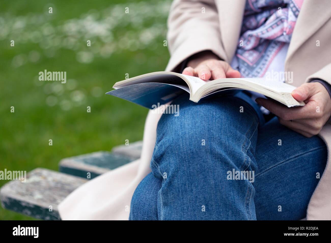 the girl is sitting on a park bench and reading a book Stock Photo - Alamy