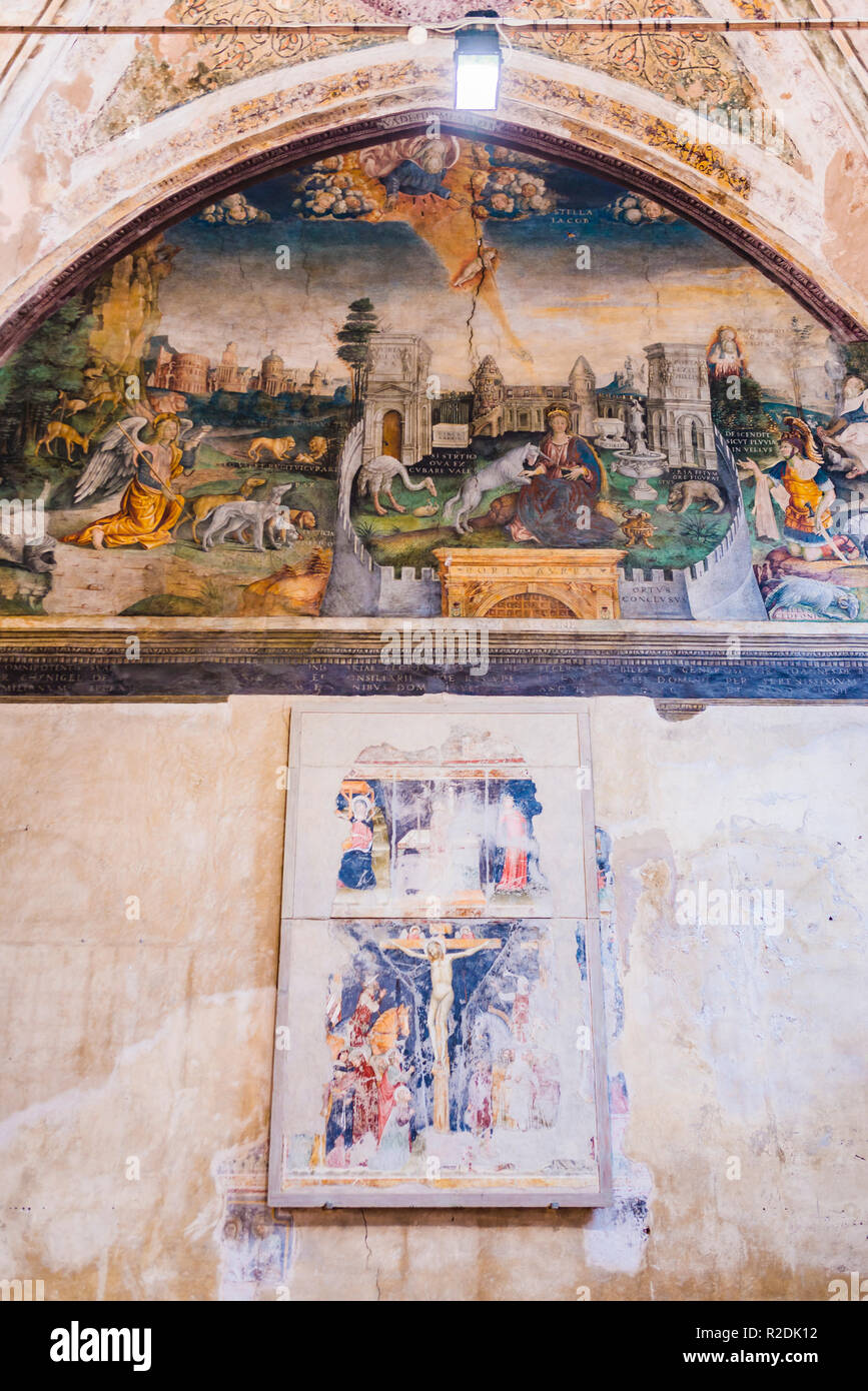 The unicorn hunting of Giovanni Maria Falconetto with symbolic motifs. Frescoes of the Chiesa di San Giorgetto o San Pietro Martire church. Interiors  Stock Photo