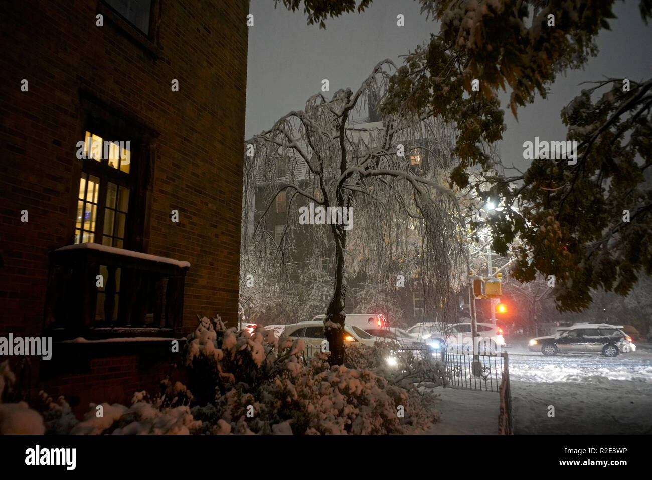 Snow storm in the historic district of Jackson Heights. The Towers, ne of the Queensboro Corporation's early garden apartment complexes. Stock Photo