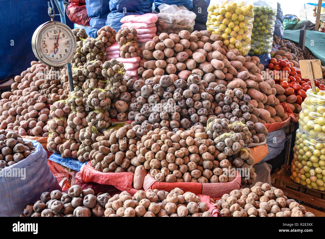 Arequipa, Peru - October 7, 2018: Potato varietals on sale in the central market, Mercado San Camilo Stock Photo