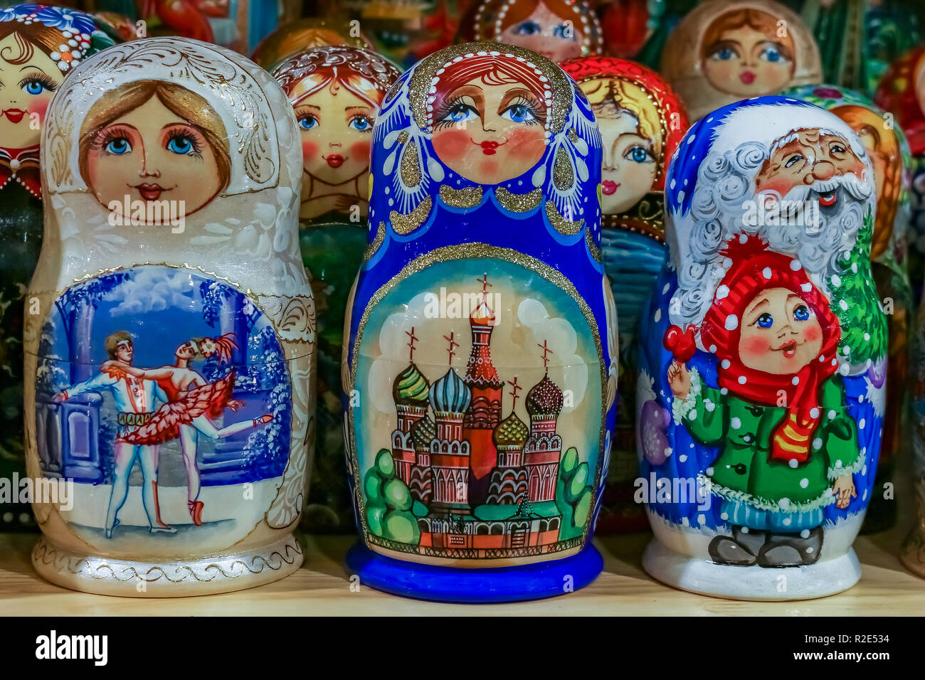 Display of colorful traditional Russian matryoshka nesting dolls with