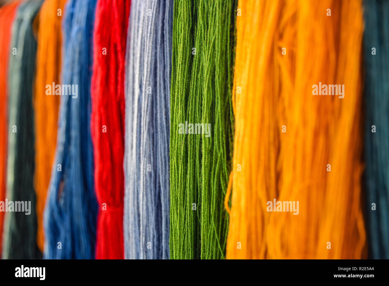 Naturally dyed alpaca wool for traditional textile weaving. Arequipa, Peru Stock Photo