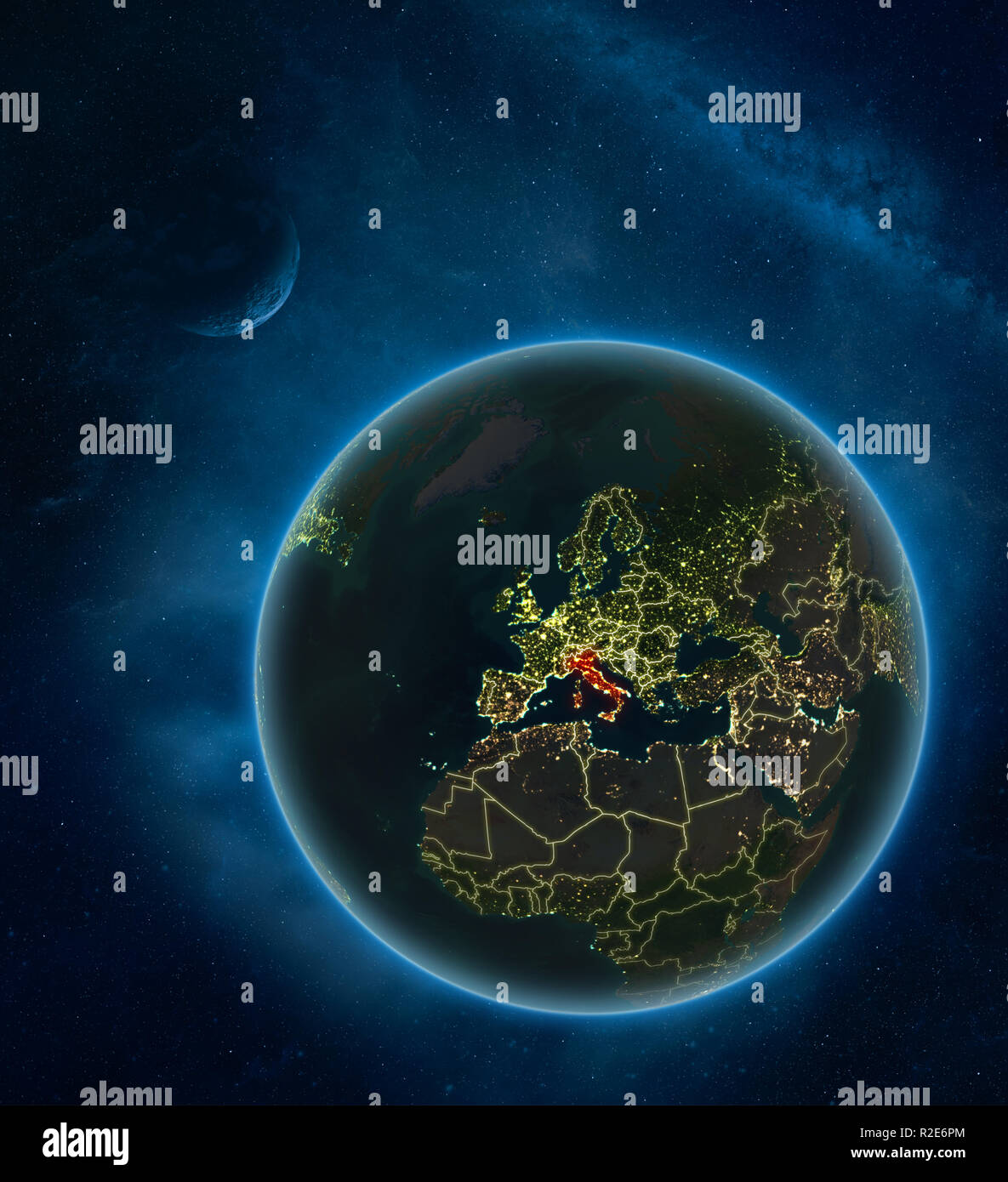 Italy at night from space with Moon and Milky Way. Detailed planet ...