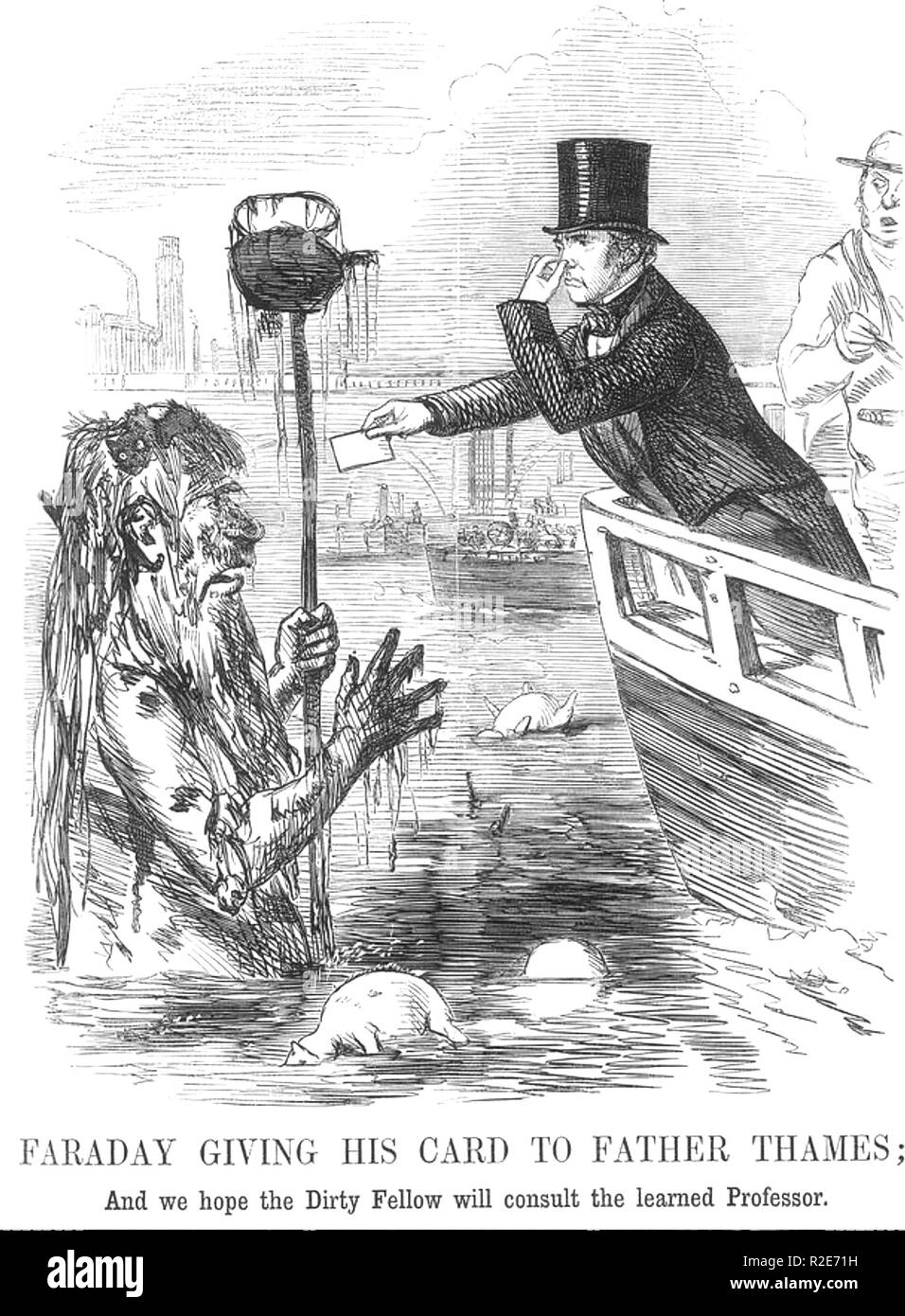 MICHAEL FARADAY (1791-1867) English scientist meets Father Thames in the famous Punch cartoon of 21 July 1855 Stock Photo