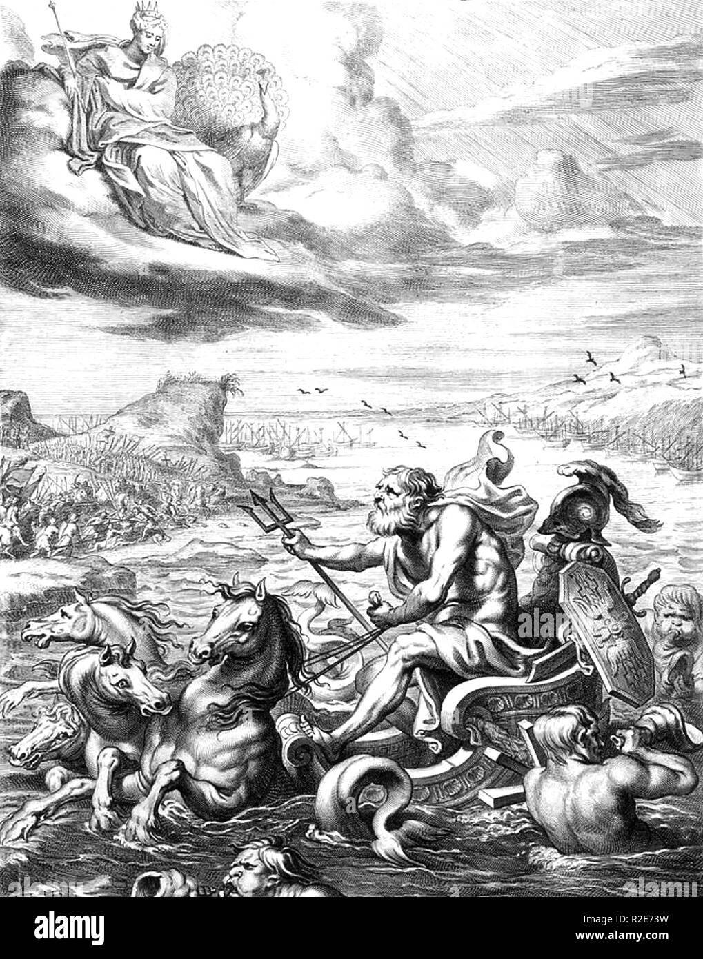 POSEIDON Greek God of the sea and horses drives through the Dardanelles in his chariot as Juno (Hera) and her peacock fly above Stock Photo