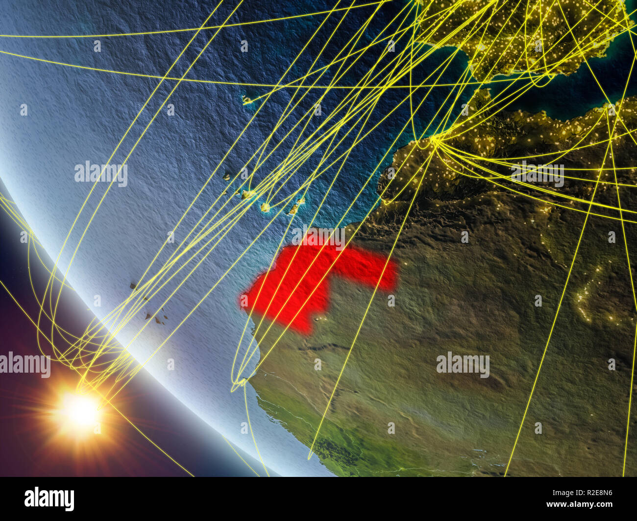 Western Sahara on planet Earth from space with network. Concept of ...