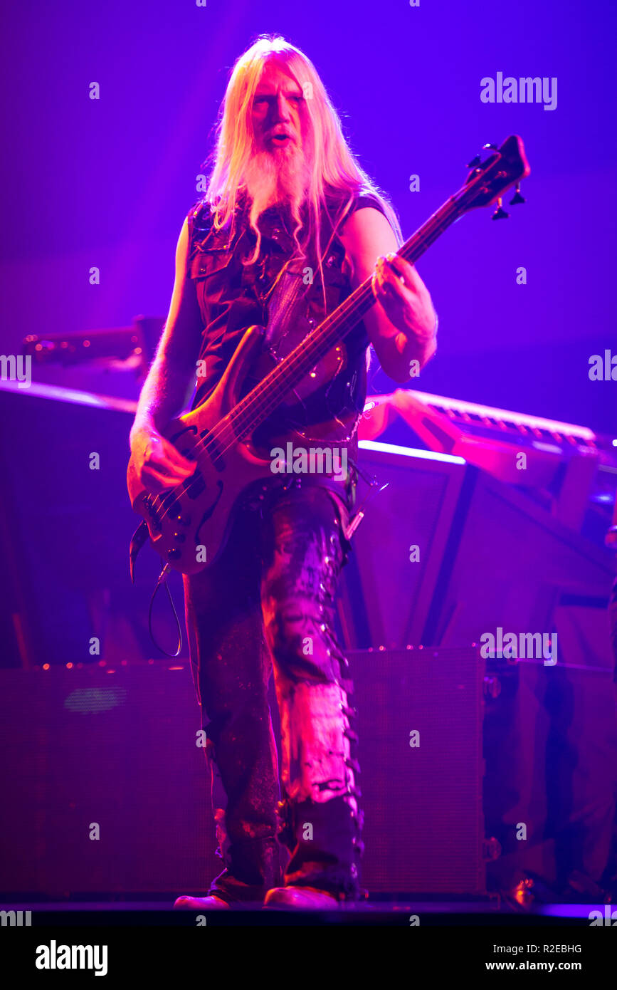 BRATISLAVA, SLOVAKIA - NOV 13, 2018: Bass guitar player and singer Marco Hietala - Nightwish, the Finnish symphonic metal band, performs a live concer Stock Photo