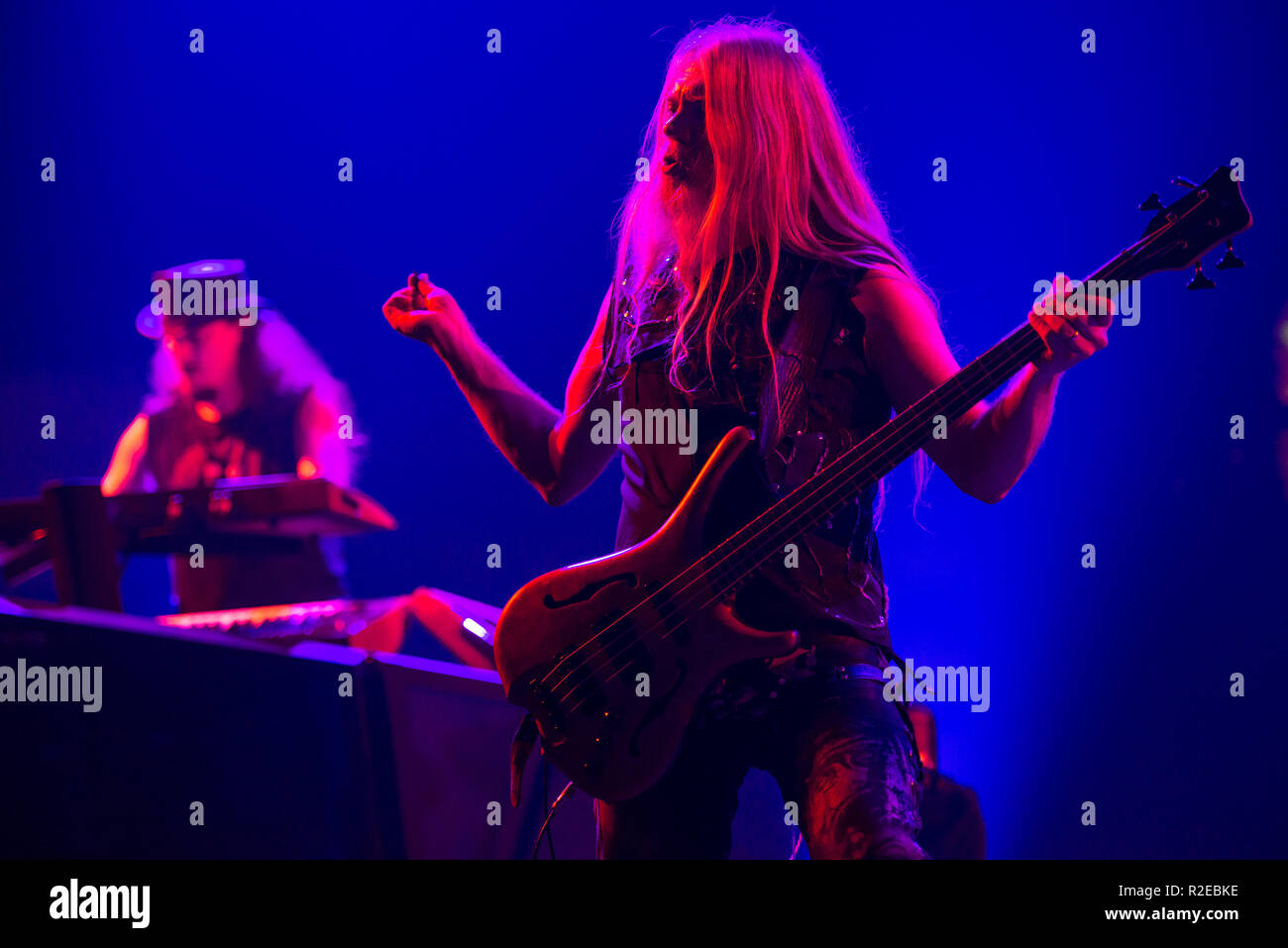 BRATISLAVA, SLOVAKIA - NOV 13, 2018: Bass guitar player and singer Marco Hietala - Nightwish, the Finnish symphonic metal band, performs a live concer Stock Photo