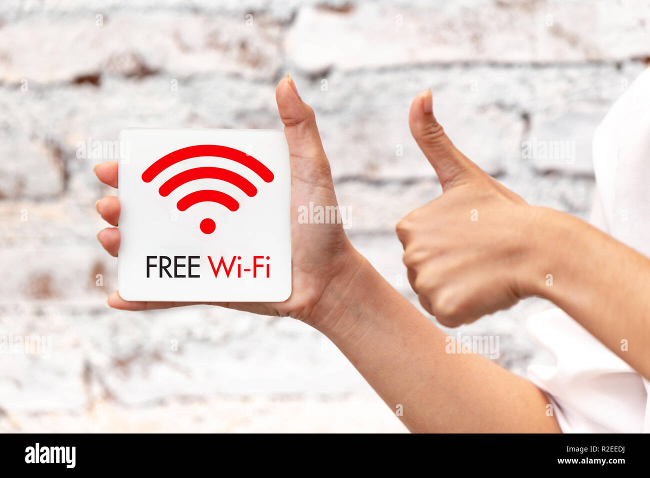 free wifi sign symbol illustration thumbs up for good best and safe service internet access. Stock Photo