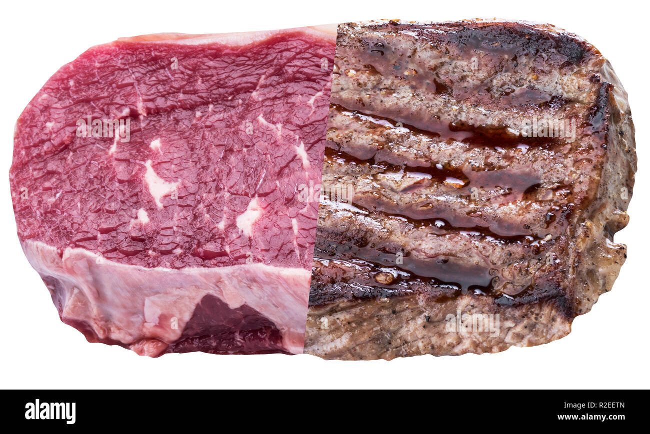 Ribeye steak or beef steak on white background. Half raw, half cooked steak.  File contains clipping path Stock Photo - Alamy